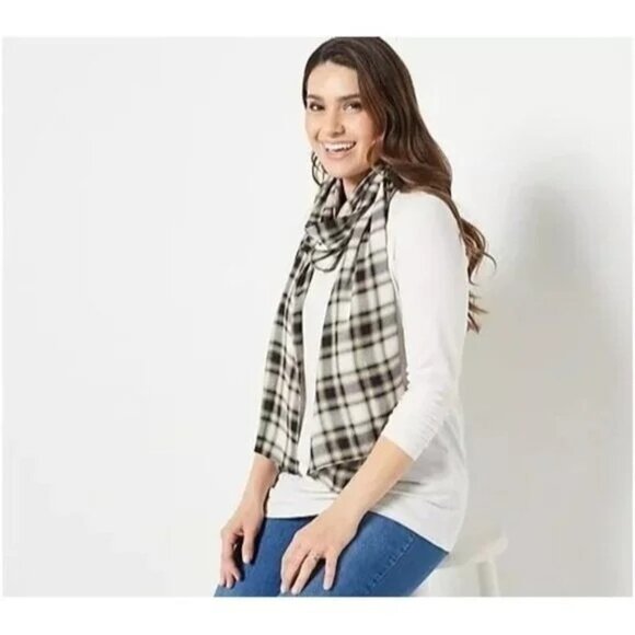 Susan Graver Liquid Knit Scoop Neck Top and Scarf Set Womens MED Ivory Plaid NEW - Picture 1 of 7